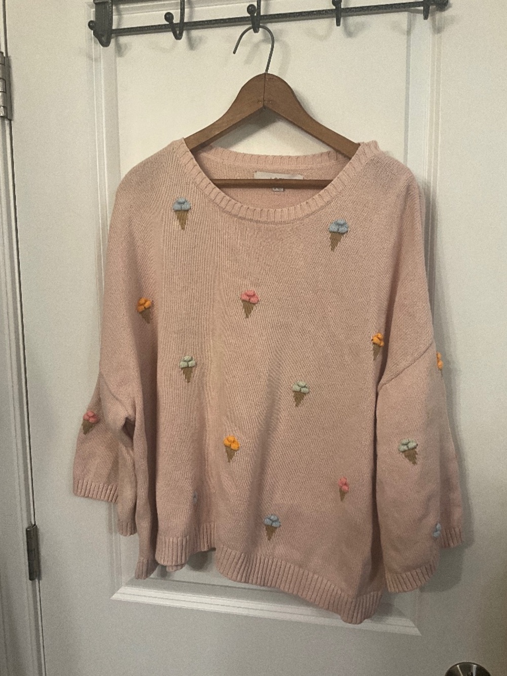 LOFT Cozy Pastel Pink Embroidered/3D Ice Cream Cone Knit Sweater size XL